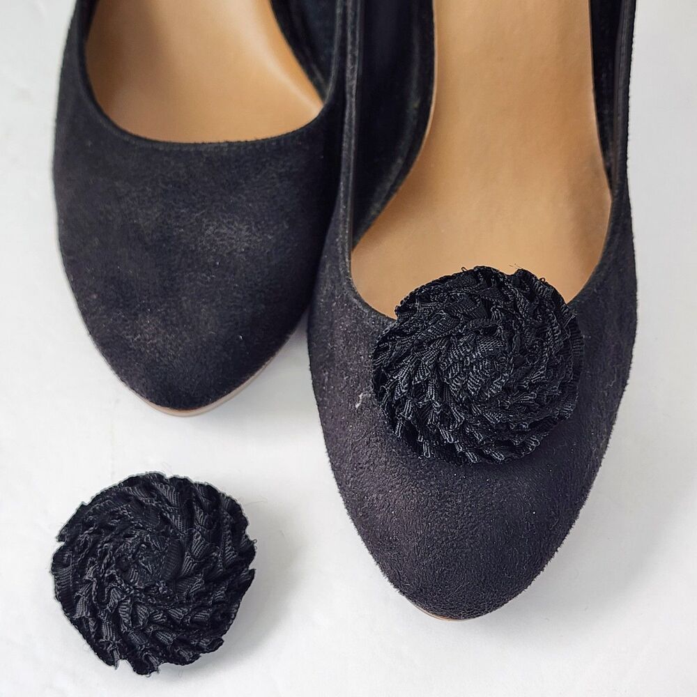 Vintage Rosette Flower Shoe Clips Black Grossgrain Ribbon 2" Round 1950s